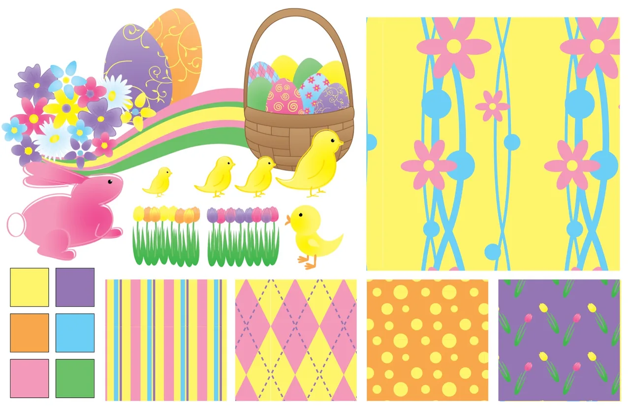 Colorful Easter-themed illustration with a pink bunny, yellow chicks, decorated eggs in a basket, spring flowers, and six pastel color swatches and patterns including stripes, argyle, polka dots, and tulips.