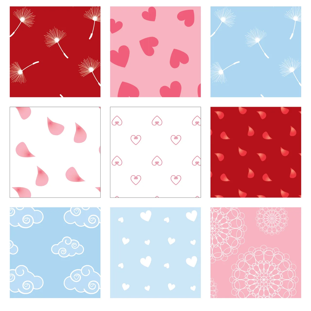 A 3x3 grid of Valentine's Day themed patterns including white dandelion seeds on red and blue backgrounds, red hearts on pink, red and pink petal shapes on white and red, red line hearts on white, white swirl clouds and hearts on blue, and white lace doily designs on pink.