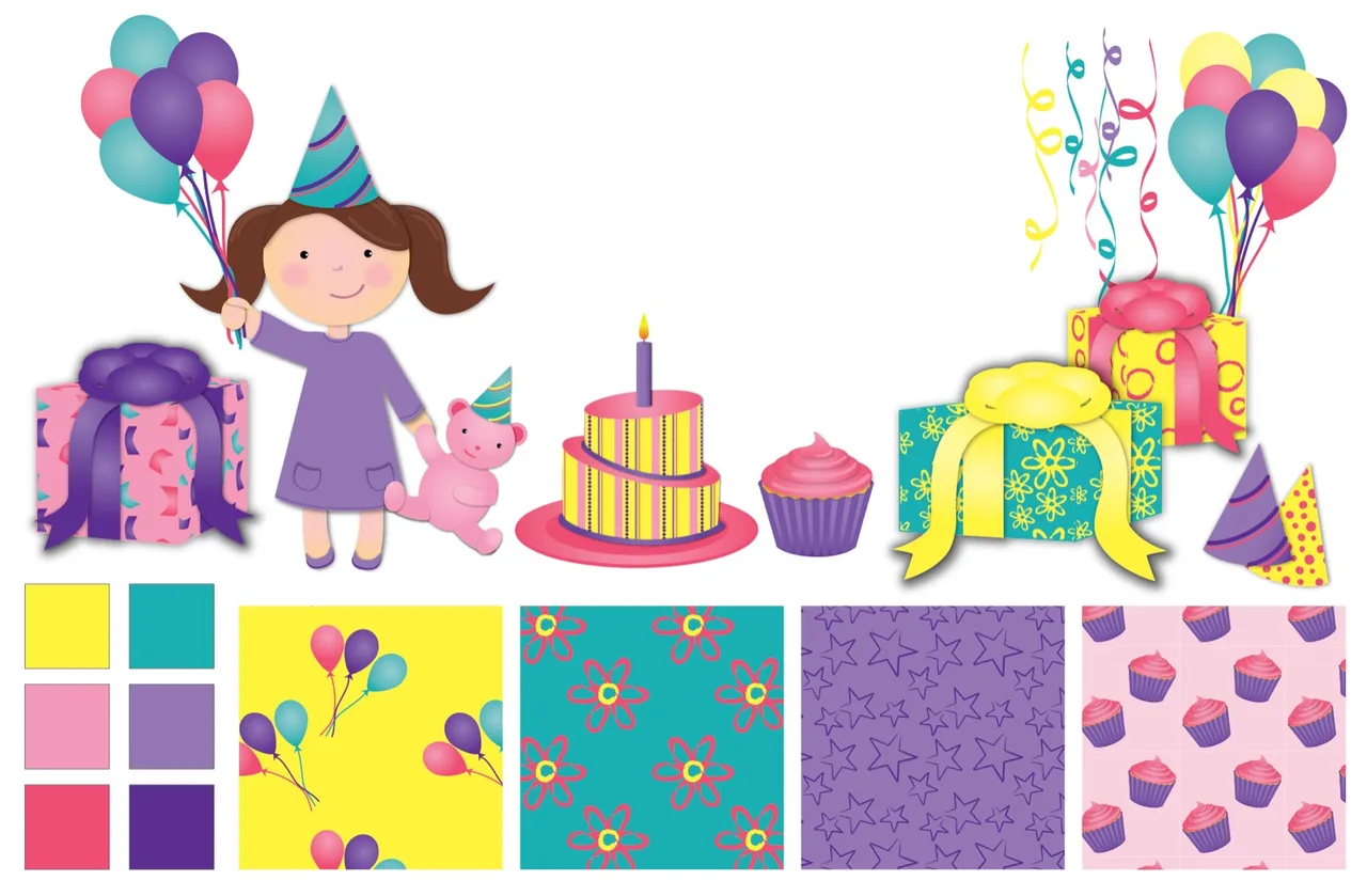 Illustration of a girl in a purple dress and party hat holding balloons and a teddy bear with a party hat, surrounded by birthday presents, a cake with one candle, a cupcake, party hats, and streamers, along with color and pattern swatches.