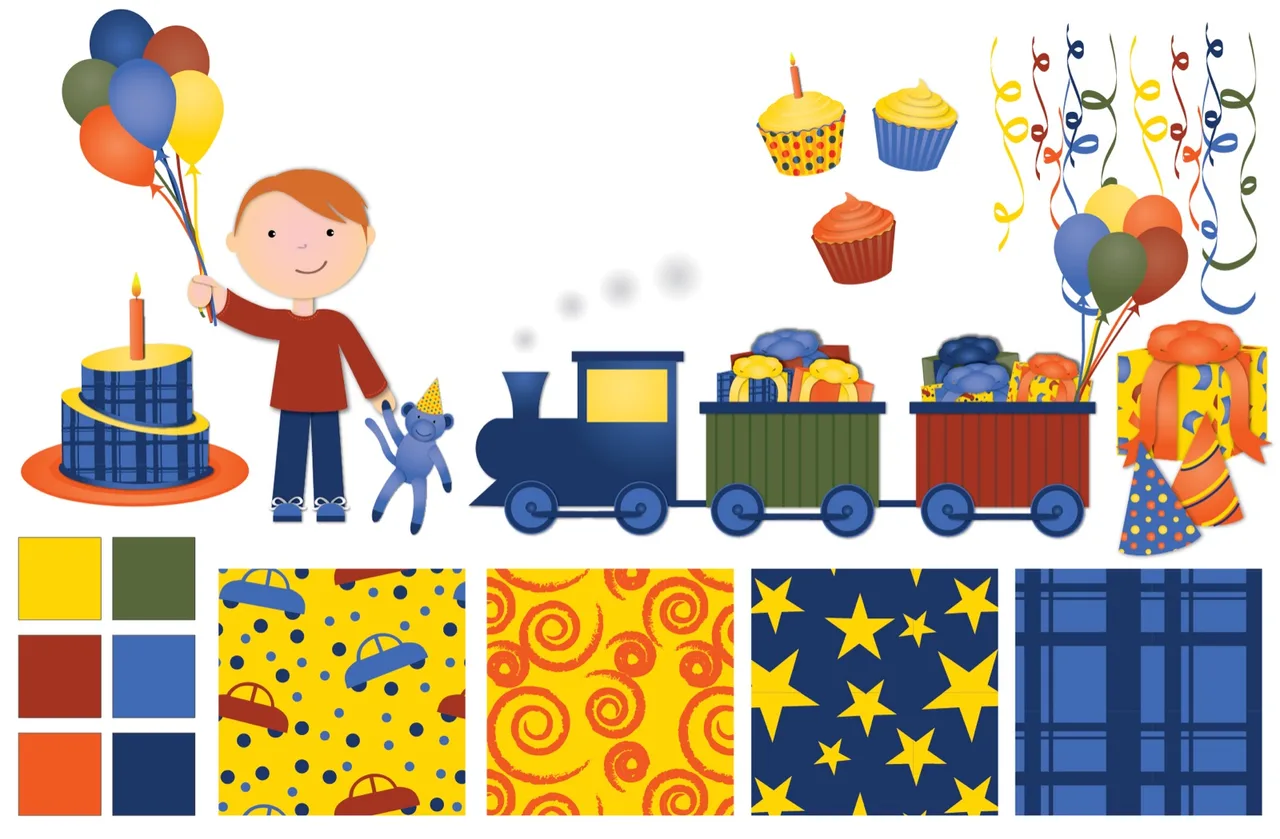 Illustration of a boy holding colorful balloons and a teddy bear wearing a party hat, standing next to a birthday cake with a lit candle, a toy train carrying wrapped gifts, cupcakes, party hats, and decorative streamers with star, swirl, car, and plaid patterns.