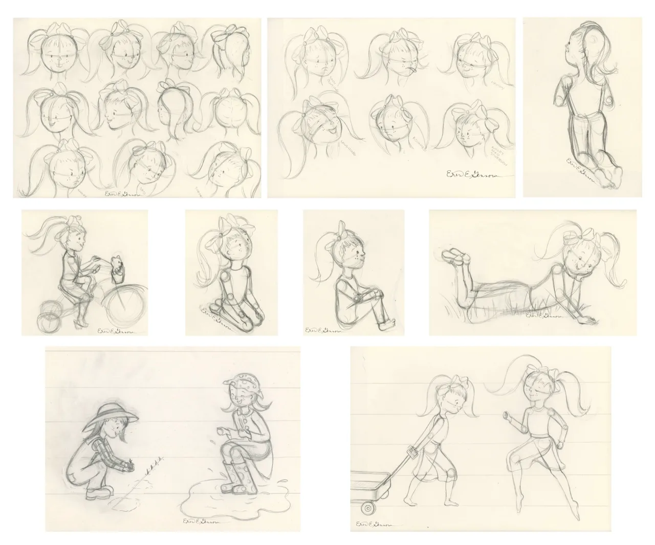Collection of pencil sketches featuring a young girl with pigtails and a bow showing various facial expressions, poses, and activities including riding a tricycle, sitting, lying on the ground, and pulling a wagon.