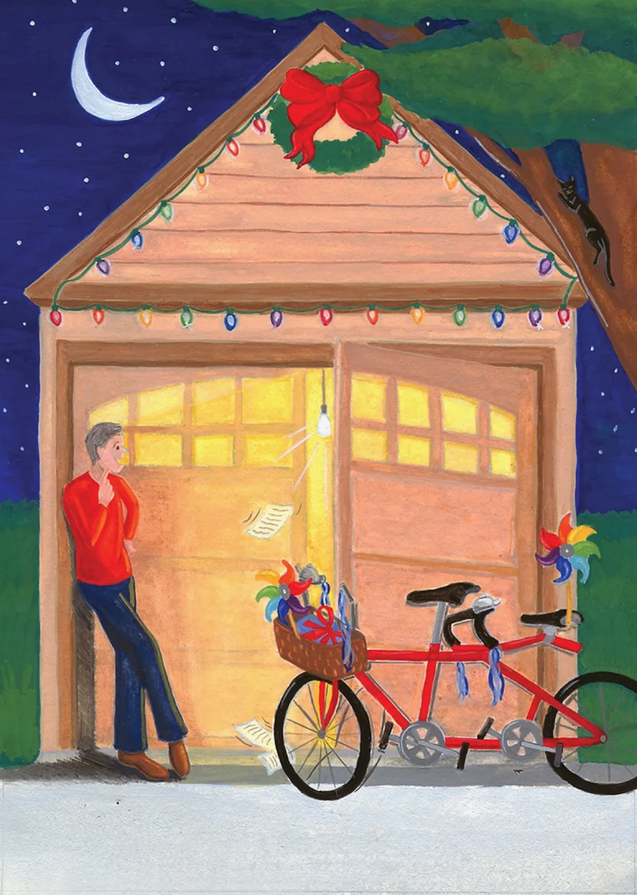 Person leaning against a garage wall decorated with Christmas lights and a wreath, next to a red tandem bicycle with colorful pinwheels in baskets at night.
