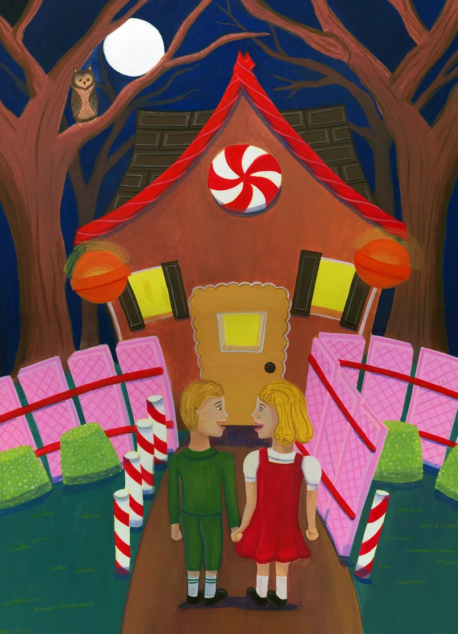 Illustration of a boy and girl holding hands, standing on a path leading to a gingerbread house decorated with candy and a peppermint circle under a full moon at night.