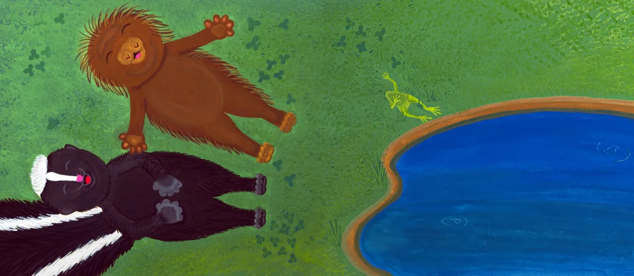 Illustration of a brown furry animal and a black and white skunk lying happily on green grass near a blue pond, with a small green frog nearby.