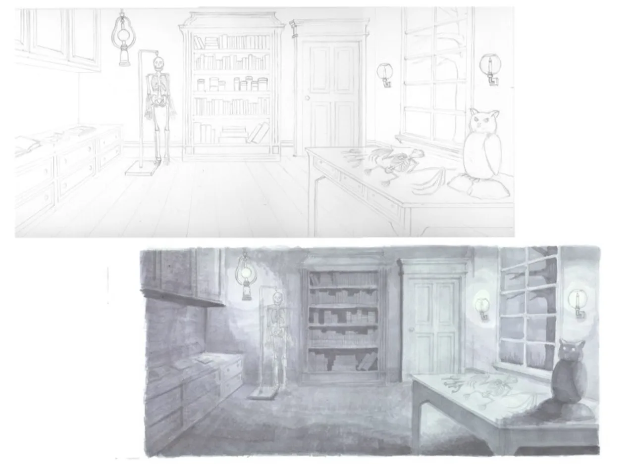 Two side-by-side illustrations of a science lab room, one pencil sketch and one shaded version, both showing a skeleton on a stand, bookshelves, a table with bones, and an owl sculpture by a window.