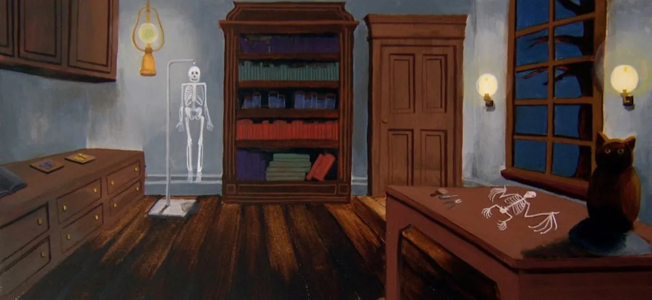 Illustration of a dimly lit room with wooden floor, a skeleton model, bookshelf, closed door, and a table holding a skeletal drawing and an owl statue near a window.