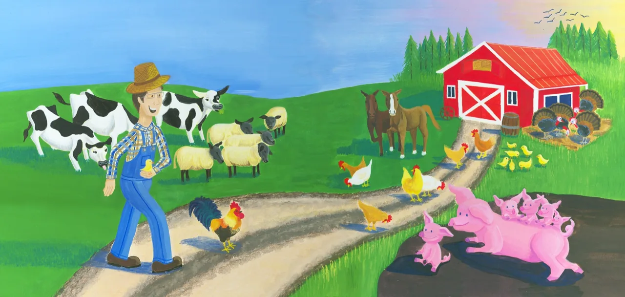 Cartoon farm scene showing a farmer in overalls walking with a chick, cows and sheep on green hills, horses near a red barn, chickens and turkeys on a path, and a mother pig with piglets.