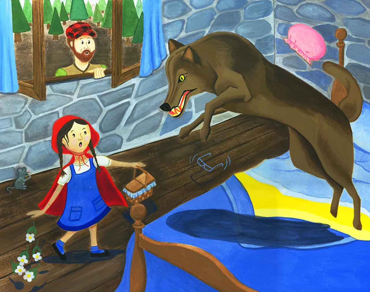 Illustration of Little Red Riding Hood startled inside a stone-walled room as a large wolf jumps onto a wooden bed; a man peers through an open window outside.