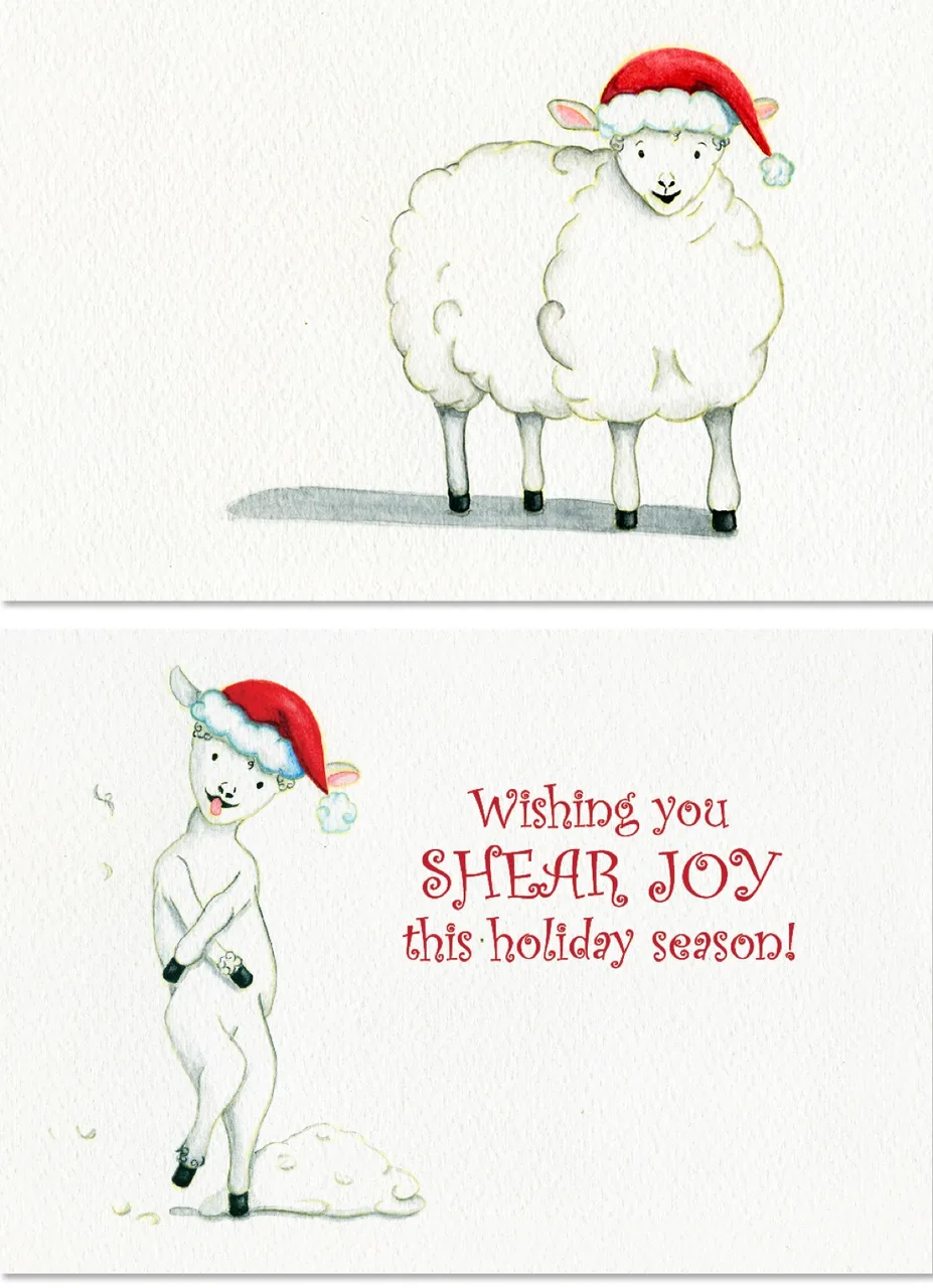 Holiday card with two watercolor illustrations of a sheep wearing a red Santa hat, one fluffy and one sheared, with the text 'Wishing you SHEAR JOY this holiday season!'