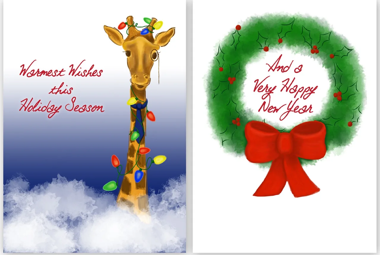 Holiday card with a giraffe wrapped in colorful Christmas lights and red text saying 'Warmest Wishes this Holiday Season' on left, and a green wreath with red berries and bow with text 'And a Very Happy New Year' on right.