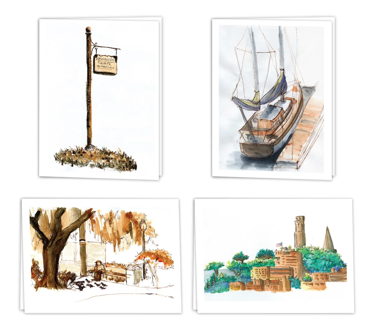 Four watercolor sketches showing a Washington Square street sign, a docked sailboat, a park bench under a large tree with pigeons, and a cityscape with green trees and towers.
