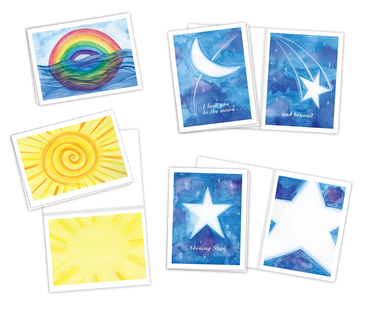 Collection of watercolor cards featuring a rainbow over waves, two yellow suns, a crescent moon with the text 'I love you to the moon', a shooting star with the text '...and beyond', and two stars with the text 'Shining Star'.