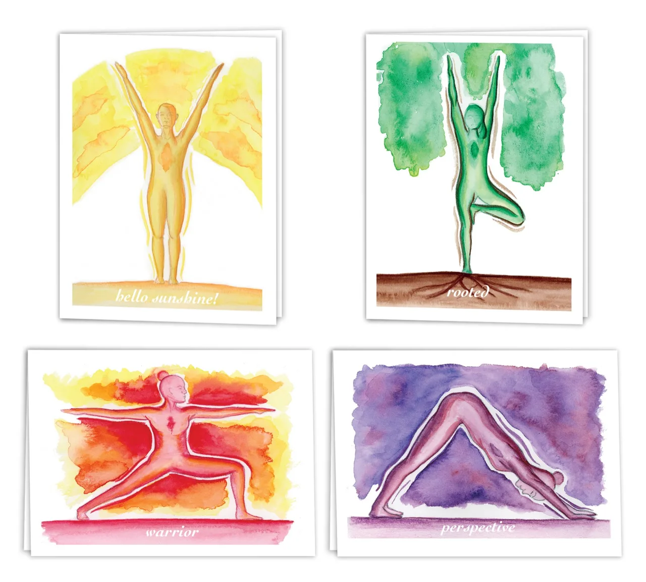 Four watercolor illustrations of human figures in yoga poses with colorful backgrounds and captions: 'hello sunshine!', 'rooted', 'warrior', and 'perspective'.