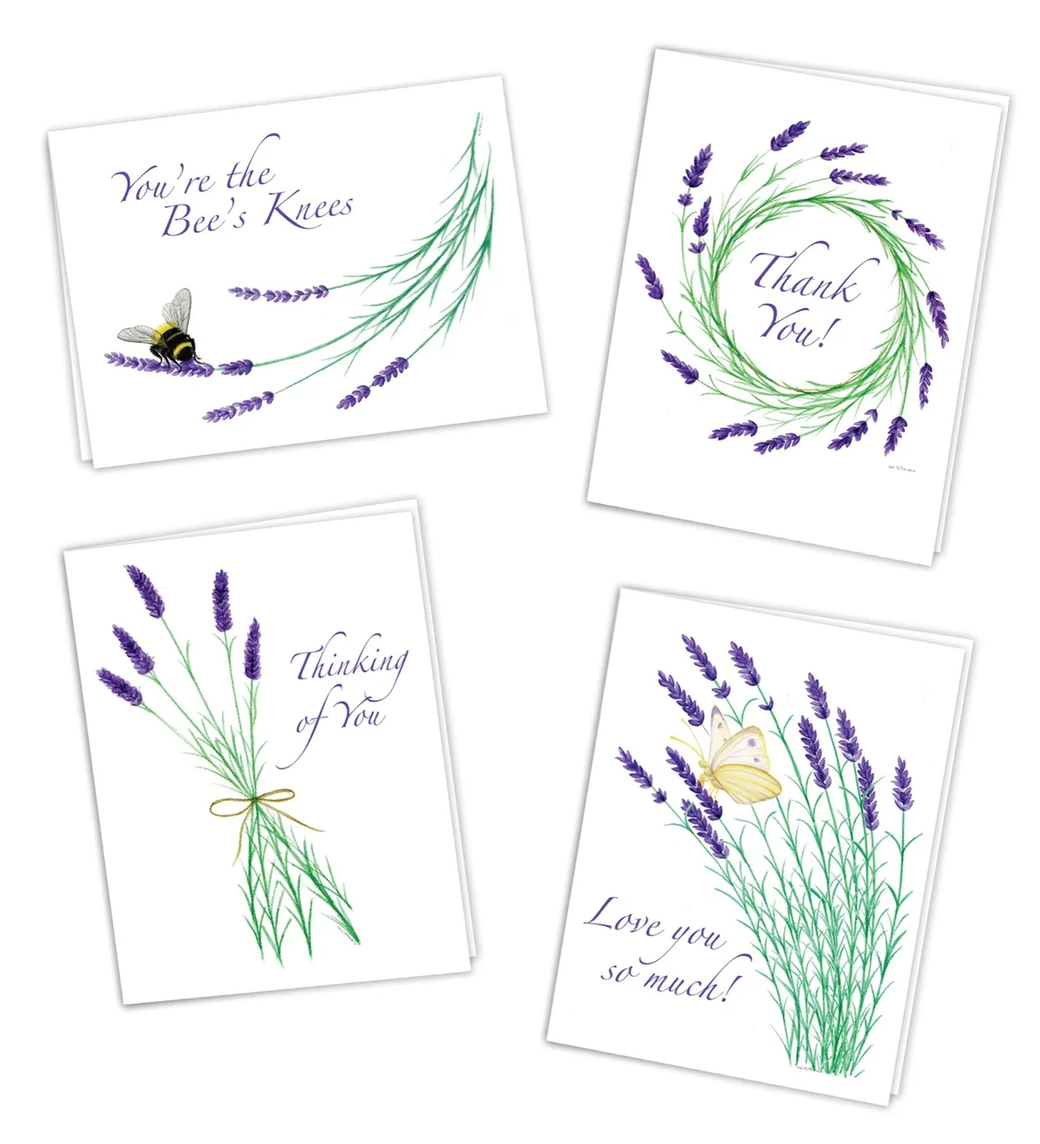Four greeting cards featuring lavender illustrations with messages: 'You're the Bee's Knees' with a bee, 'Thank You!' inside a lavender wreath, 'Thinking of You' with a tied lavender bouquet, and 'Love you so much!' with a yellow butterfly on lavender.