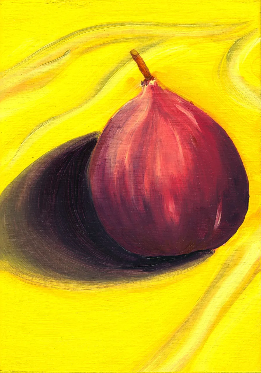 Painting of a single purple fig casting a dark shadow on a bright yellow background.
