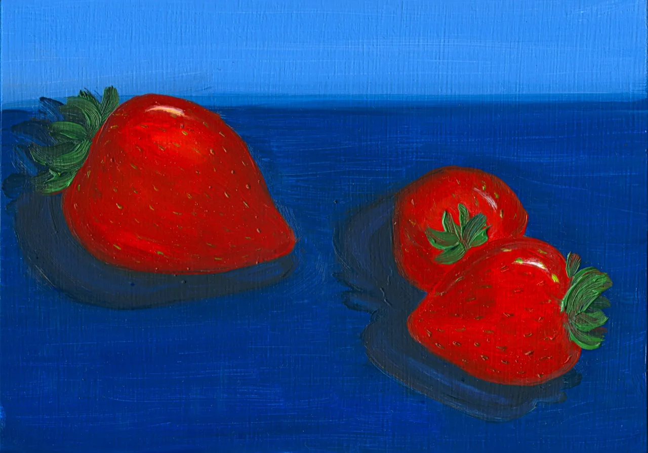 Painting of three red strawberries with green leaves on a blue background with visible brush strokes.