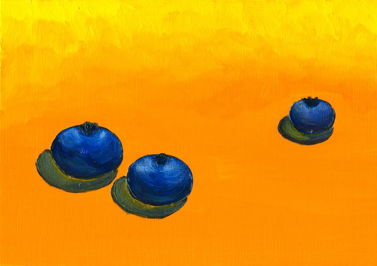 Three painted blueberries casting shadows on a bright orange surface with a yellow gradient background.