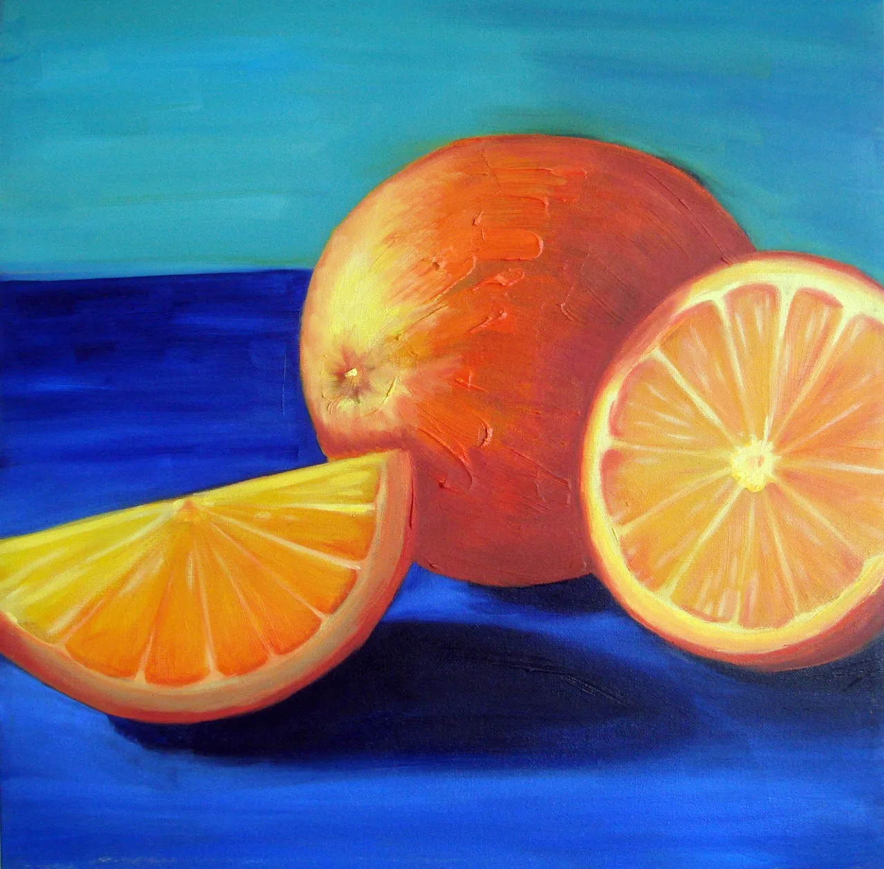Painting of a whole orange, an orange slice, and an orange wedge on a blue surface with a teal background.