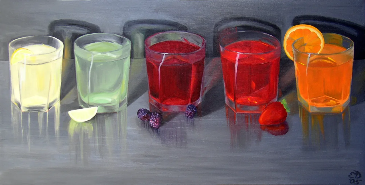 Painting of five glasses with different colored beverages and garnishes on a reflective surface: lemon slice, lime wedge, blackberries, strawberry, and orange slice.