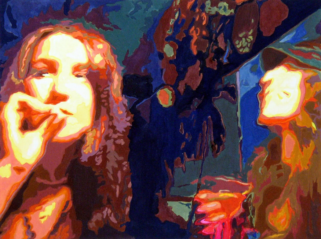 Abstract painting of a person with long hair, with a brightly colored face and hand in warm tones, next to a mirror reflection.
