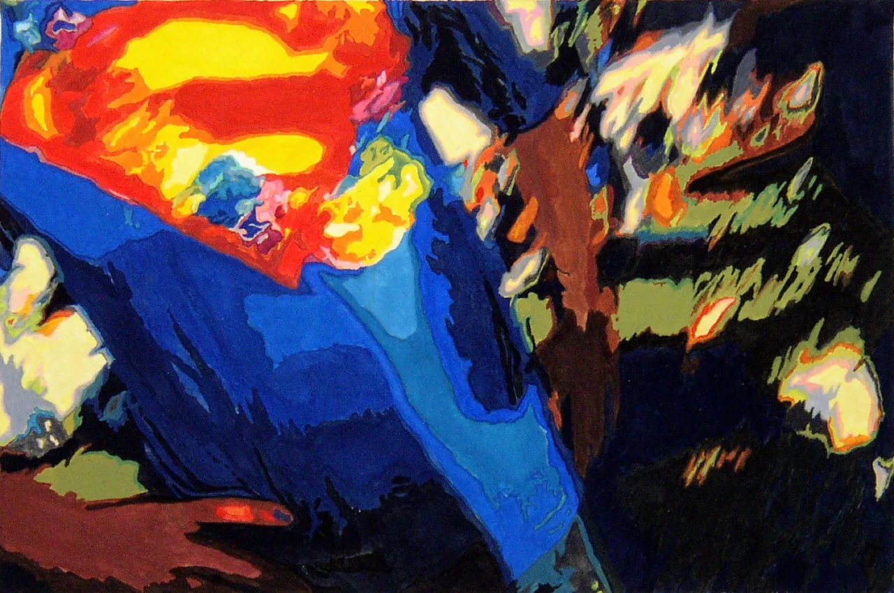 Abstract painting with vivid colors including bright yellow, red, blue, and dark shades creating dynamic shapes and forms.