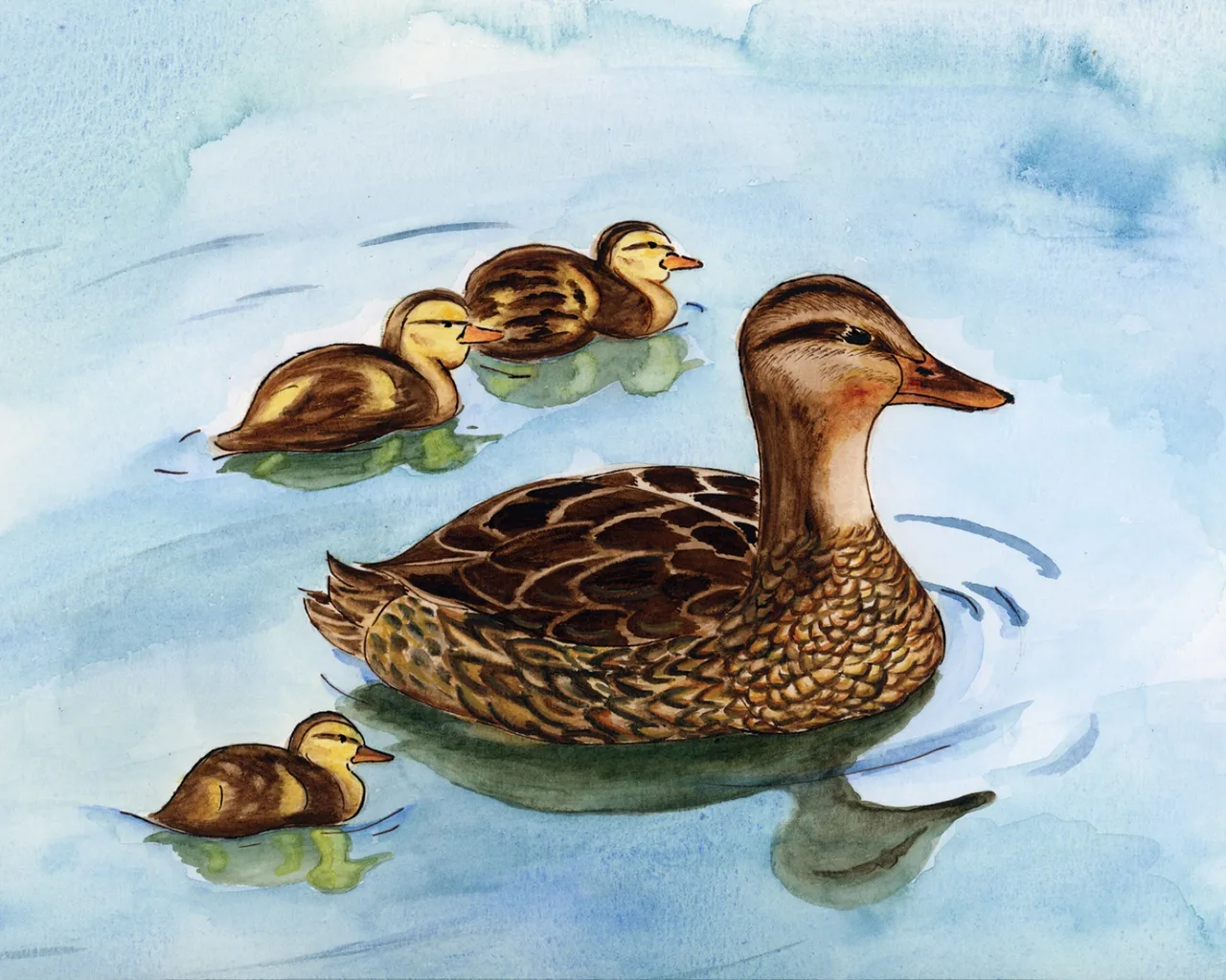 Watercolor illustration of a mother duck swimming with three ducklings on blue water.