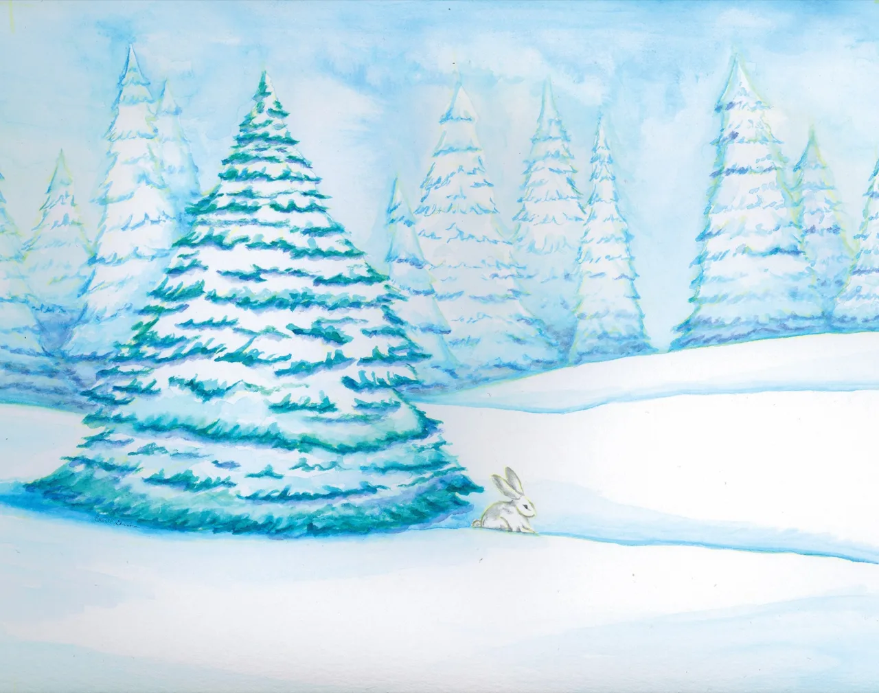 Painting of snow-covered evergreen trees in a winter landscape with a small white rabbit on the snow.