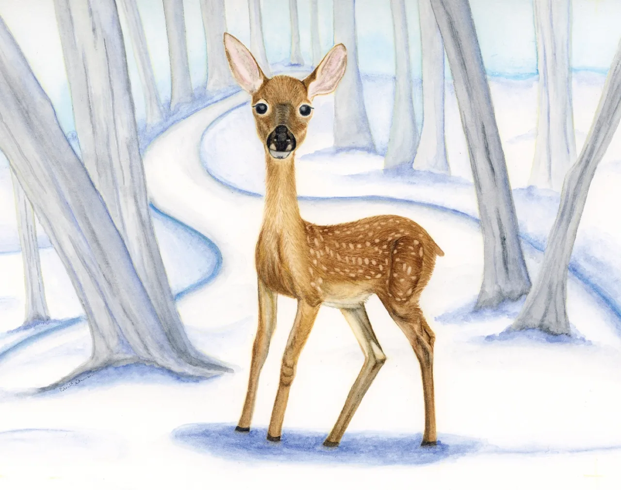 Illustration of a fawn standing on a snowy path in a forest with leafless trees.