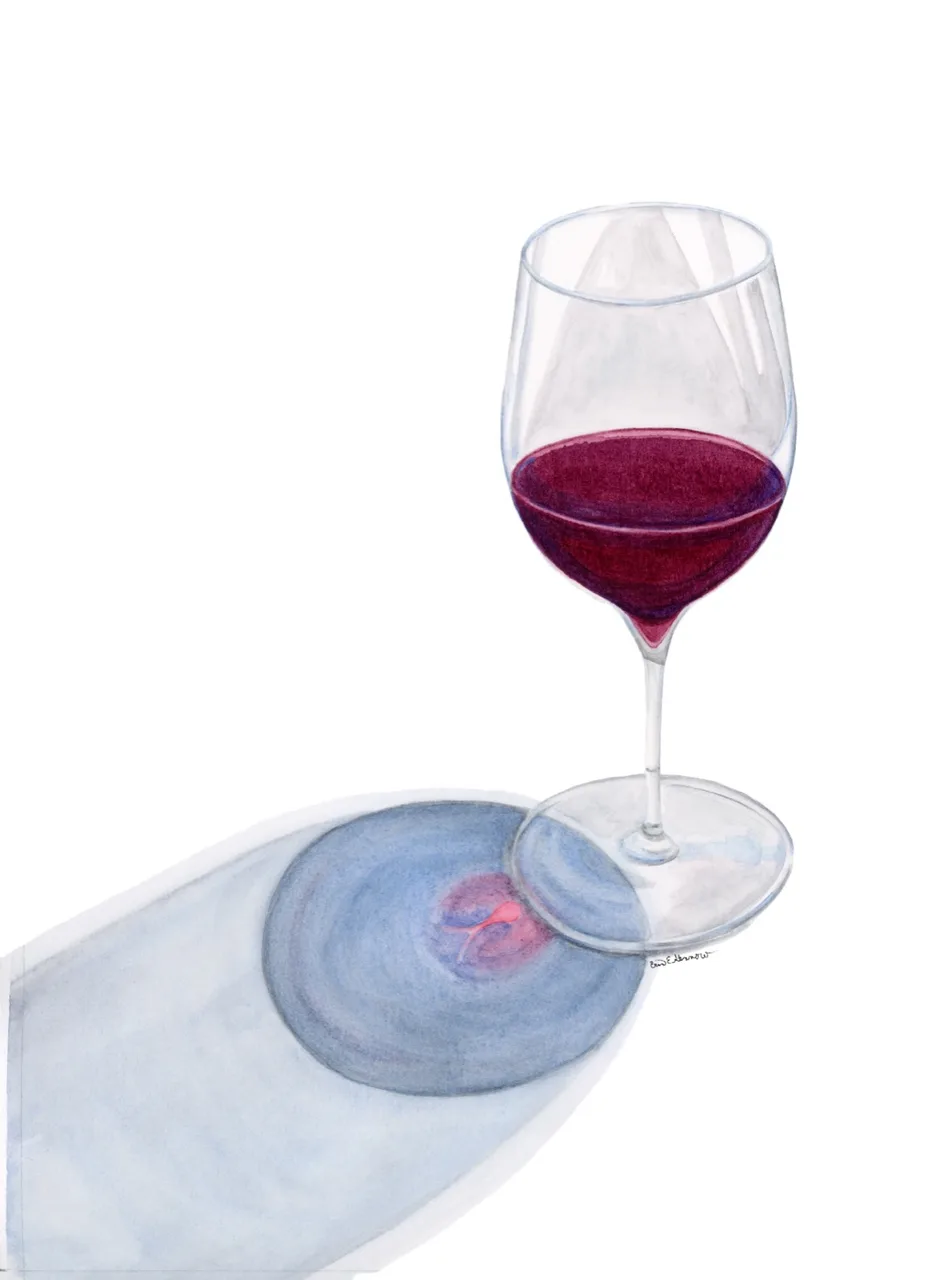 Illustration of a wine glass half-filled with red wine casting a soft shadow on a white surface.