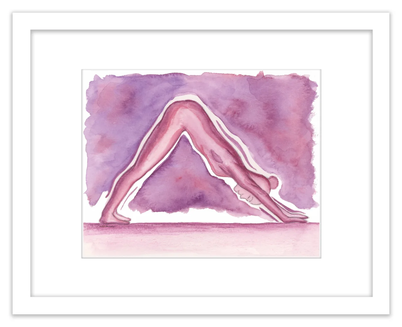 Watercolor painting of a violet figure in downward dog pose against a purple wash, in a white frame.