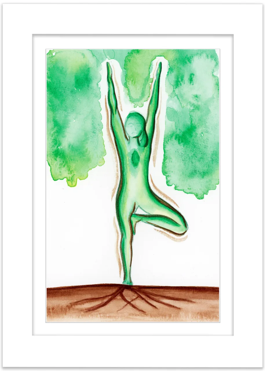 Watercolor painting of a green figure in tree pose rooted in brown earth under green leaves, in a white frame.