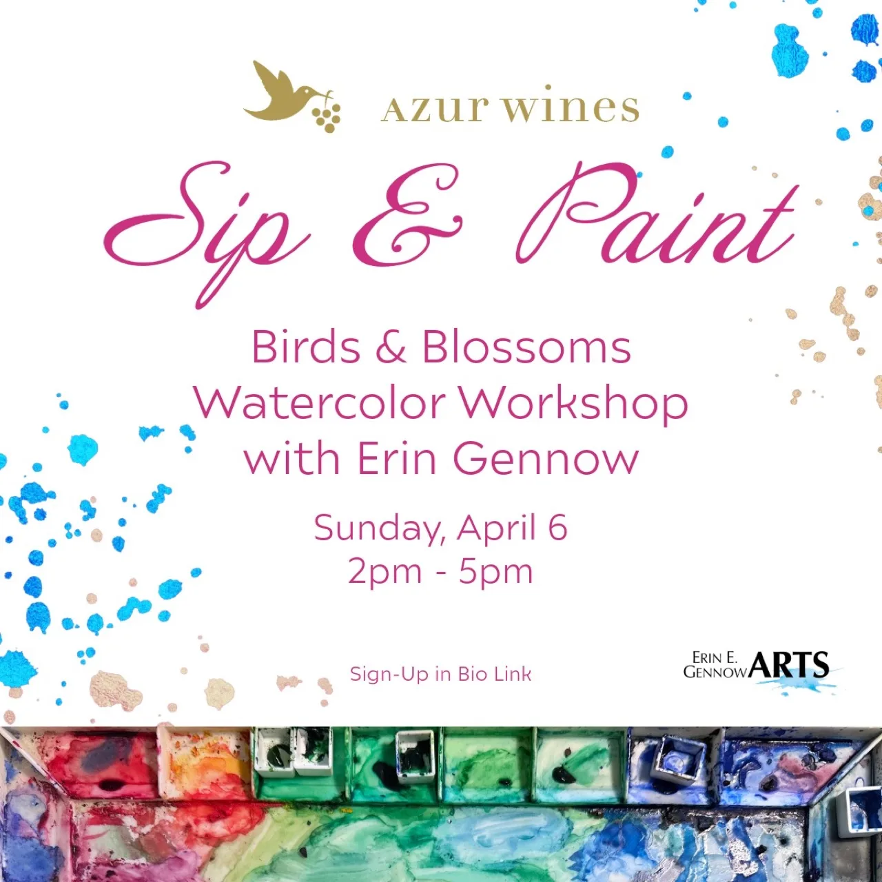 Azur Wines Sip and Paint flyer for Birds and Blossoms with Erin Gennow.