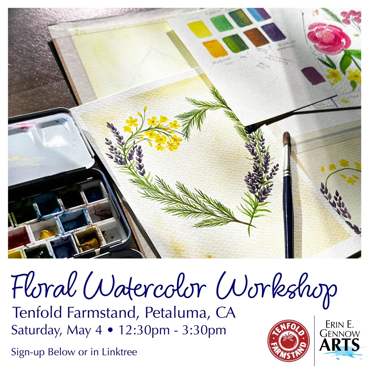 A watercolor floral wreath in progress with a paint palette, for the Tenfold Farmstand floral workshop.