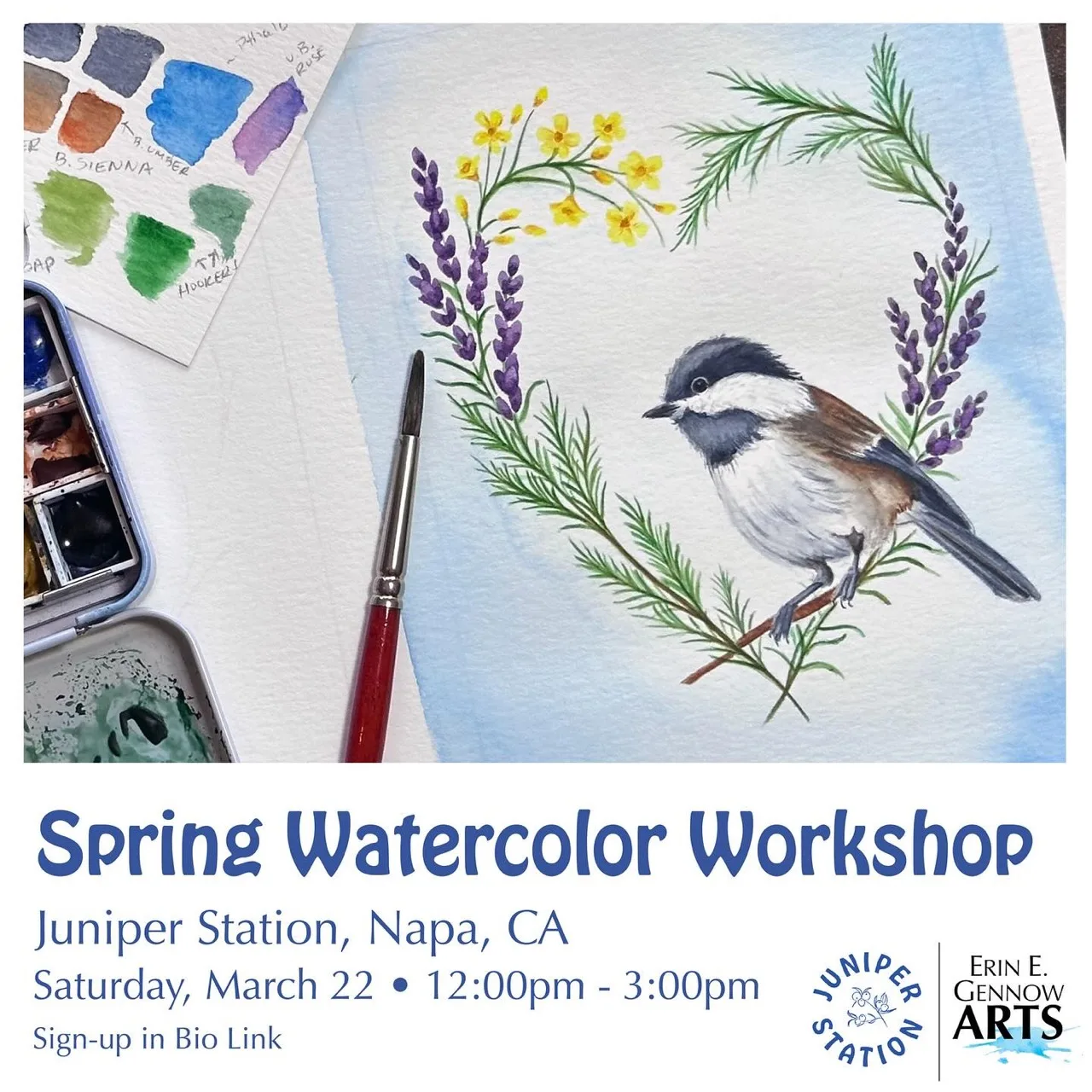 Watercolor of a chickadee on a lavender wreath for the Juniper Station spring workshop.