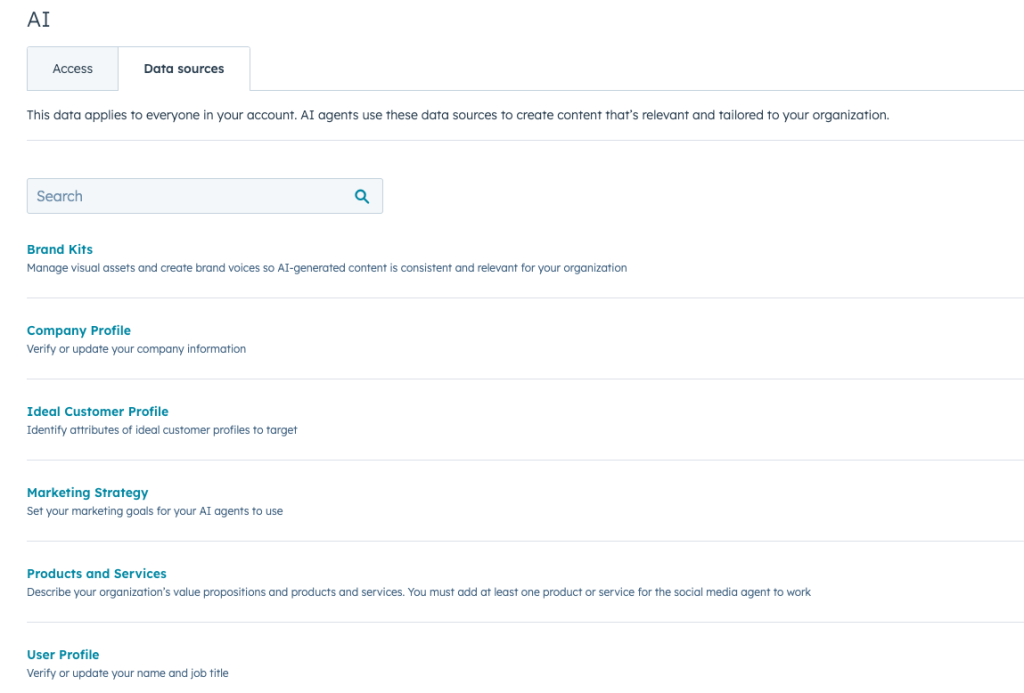 AI Data Sources Page in HubSpot