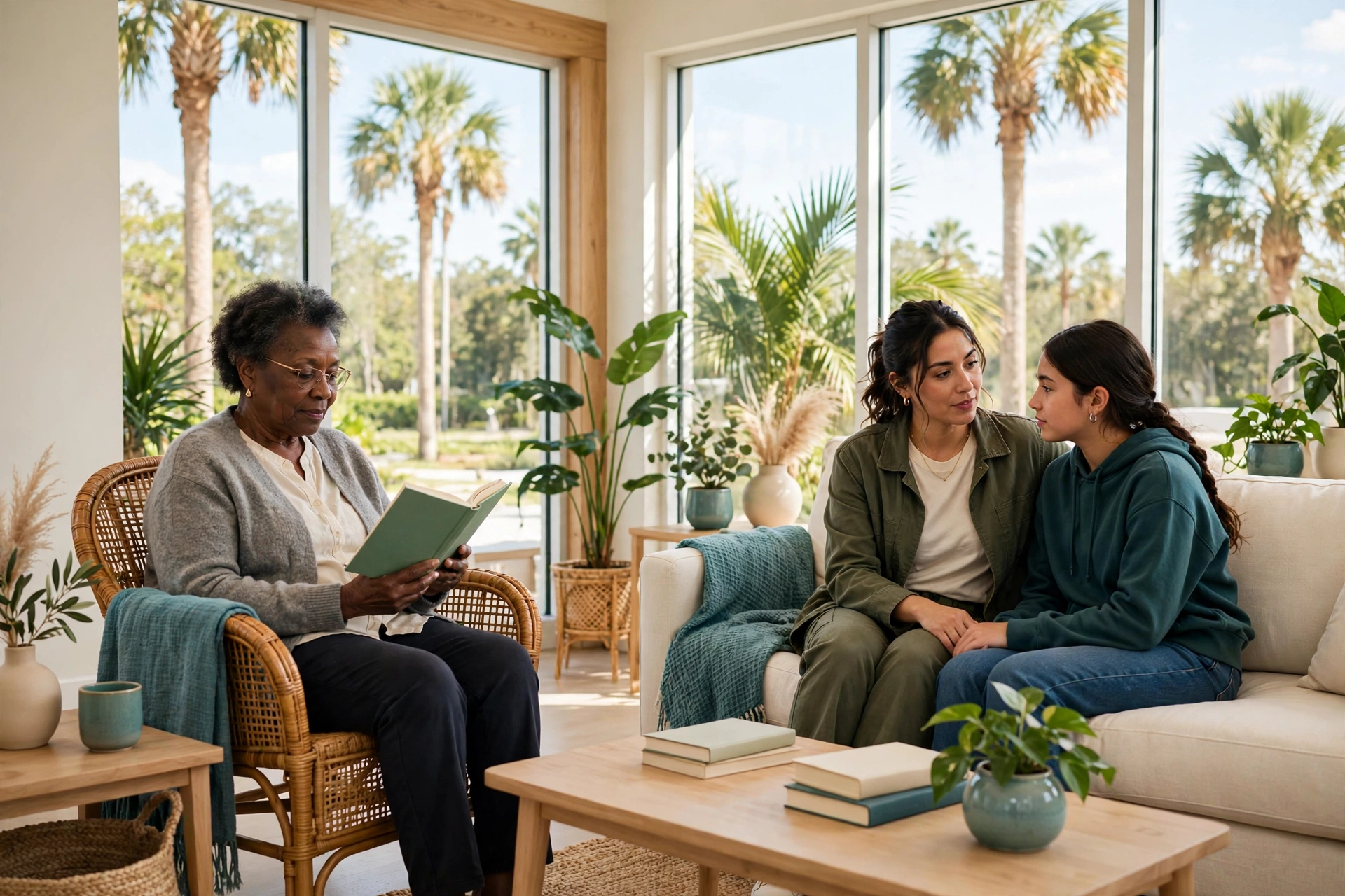 A bright waiting room with palm trees outside the windows; a woman reads in a rattan chair while two women talk on a sofa.