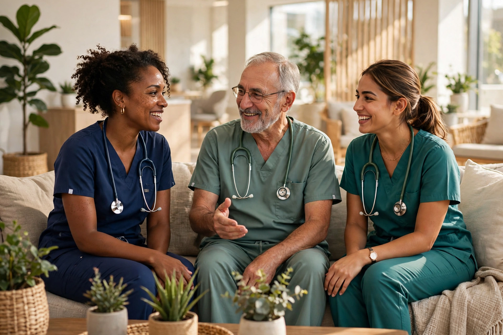 Three clinicians in scrubs talking and laughing together on a sofa in a bright, plant-filled lounge