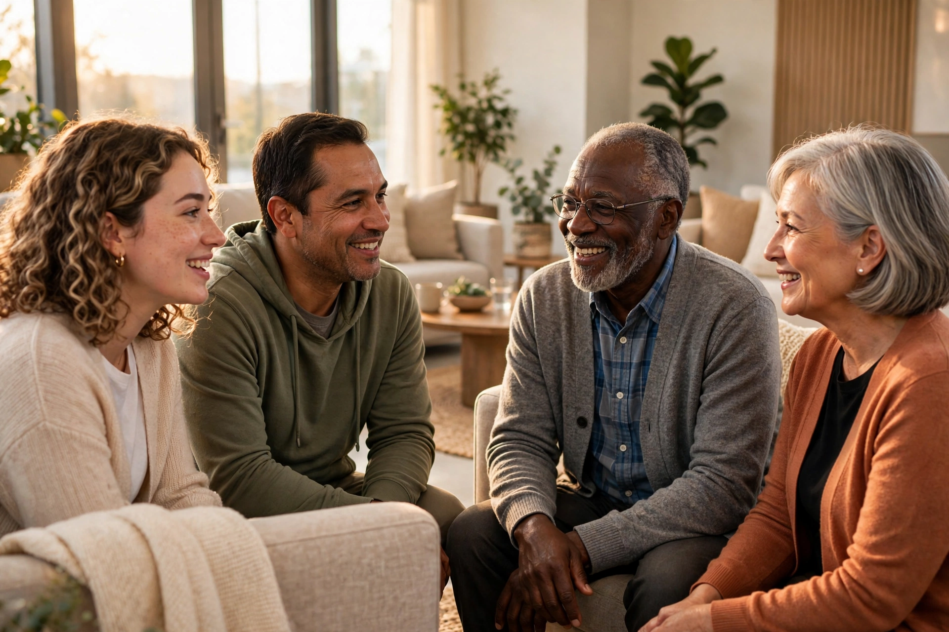 Four adults of different ages talking and smiling together in a bright lounge