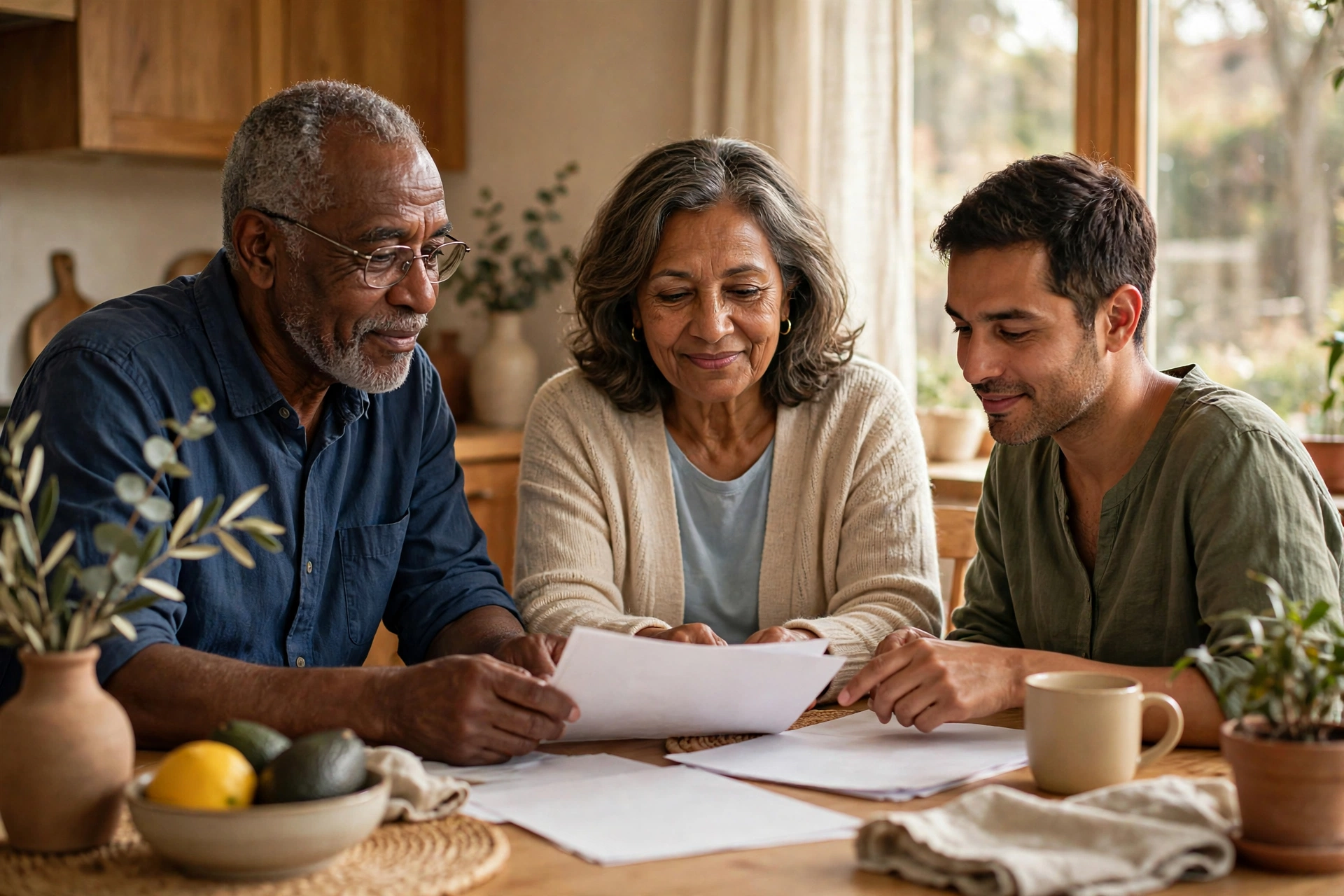 An older couple and a younger man looking over papers together at a kitchen table