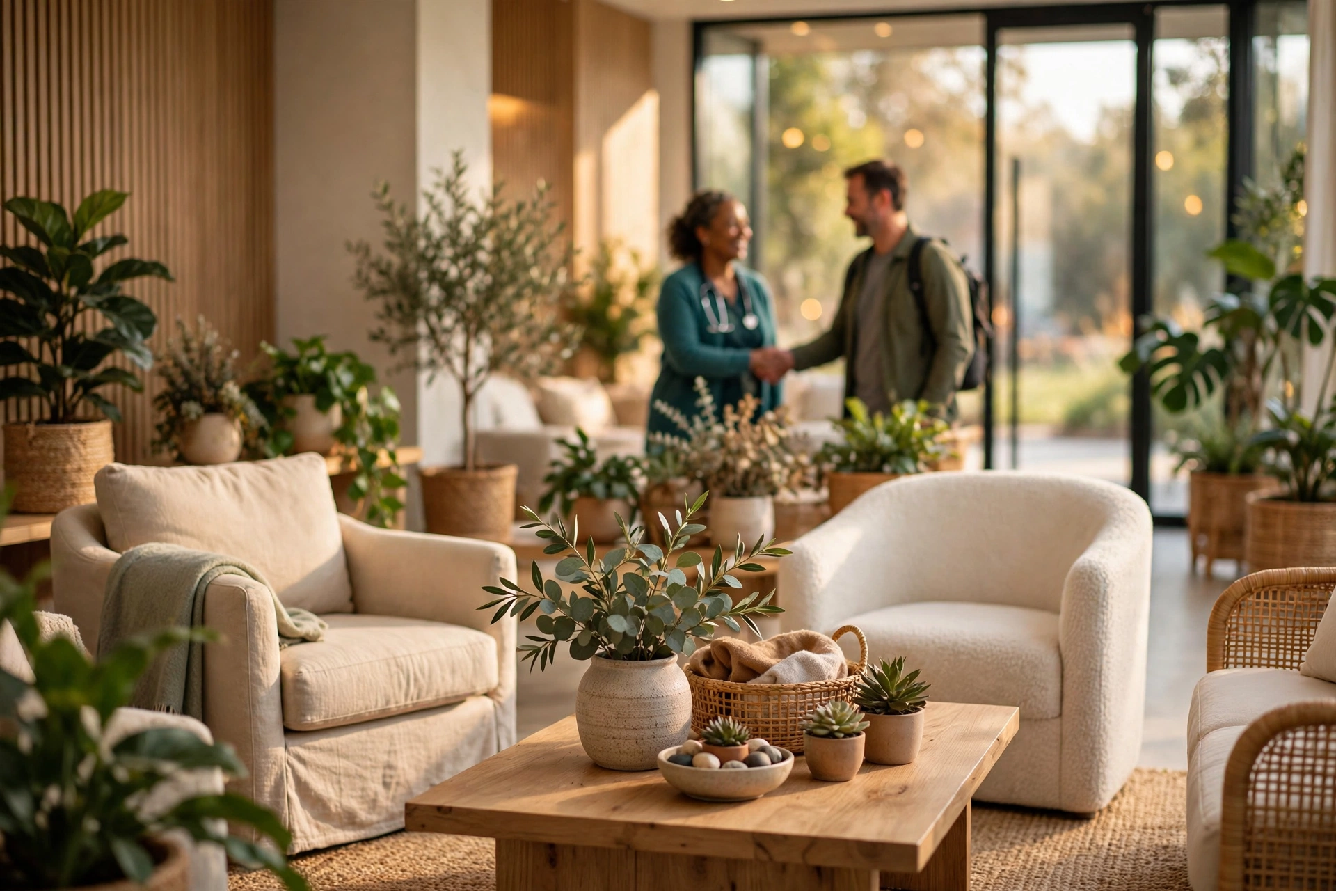 A clinician shaking hands with a visitor in a bright lounge with armchairs and plants