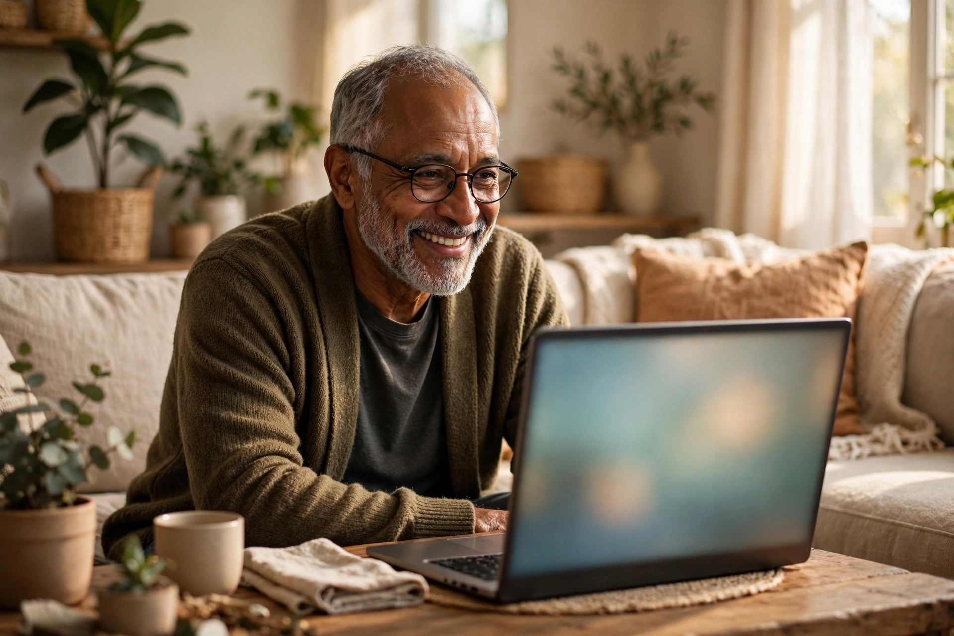 An older man smiling at his laptop during a video visit at home