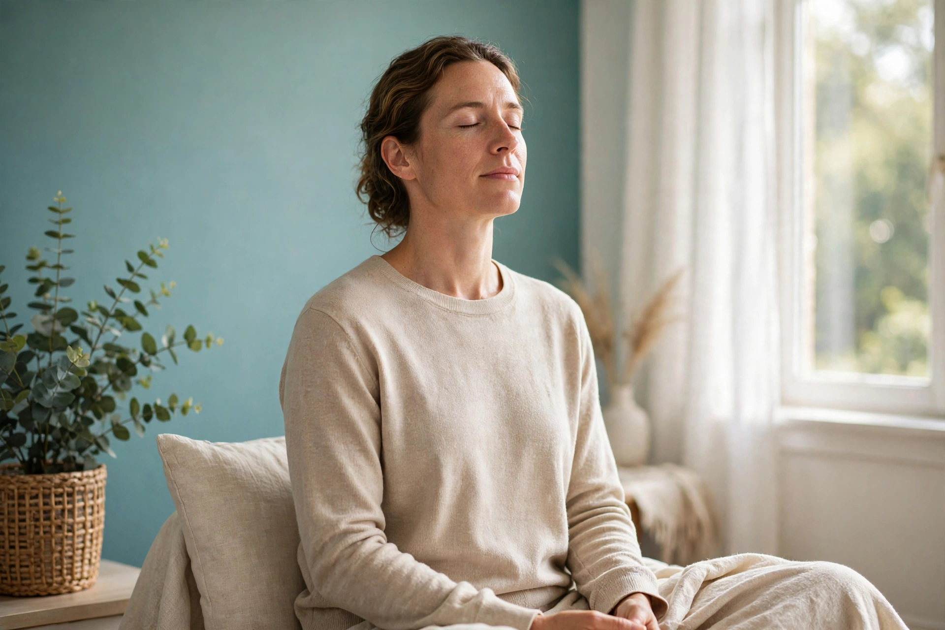 Adulto practicando ejercicios de respiración relajante en una habitación tranquila de Health Haven