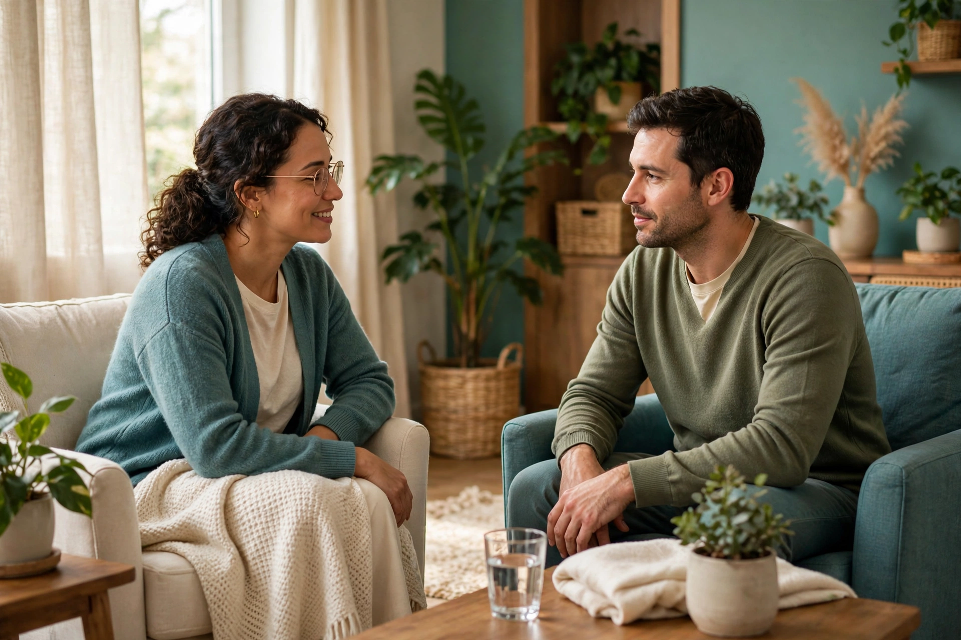 Counselor and patient in a safe, warm Health Haven therapy office