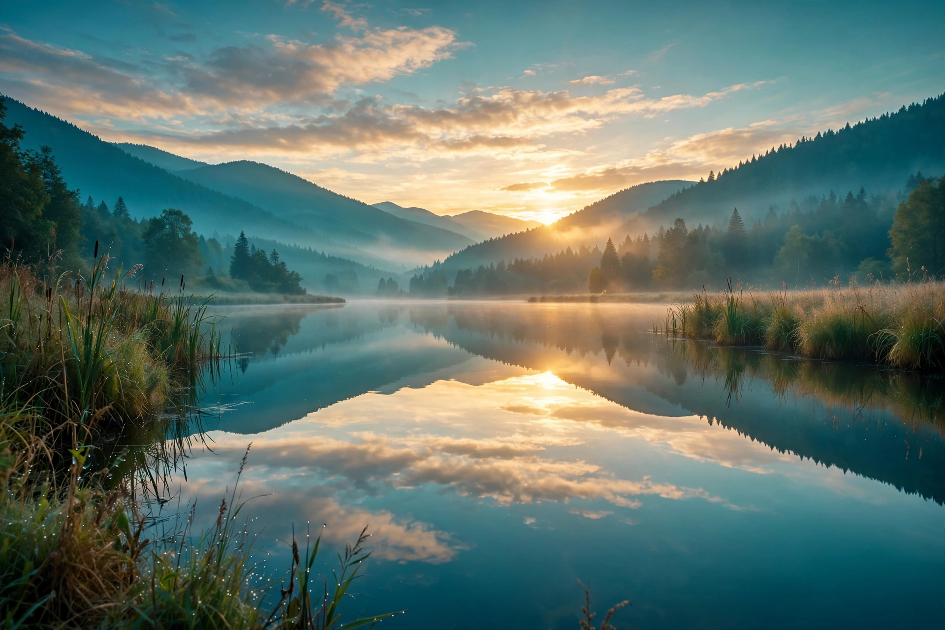 Serene sunrise over still water reflecting balance and stability