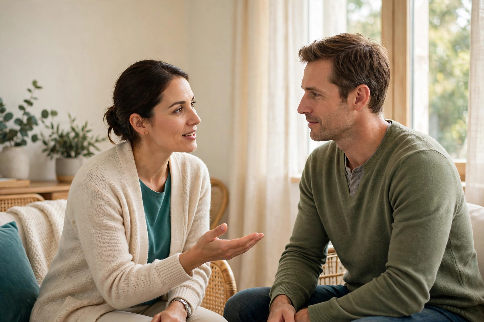 Compassionate clinician speaking with a patient in a calm clinical setting