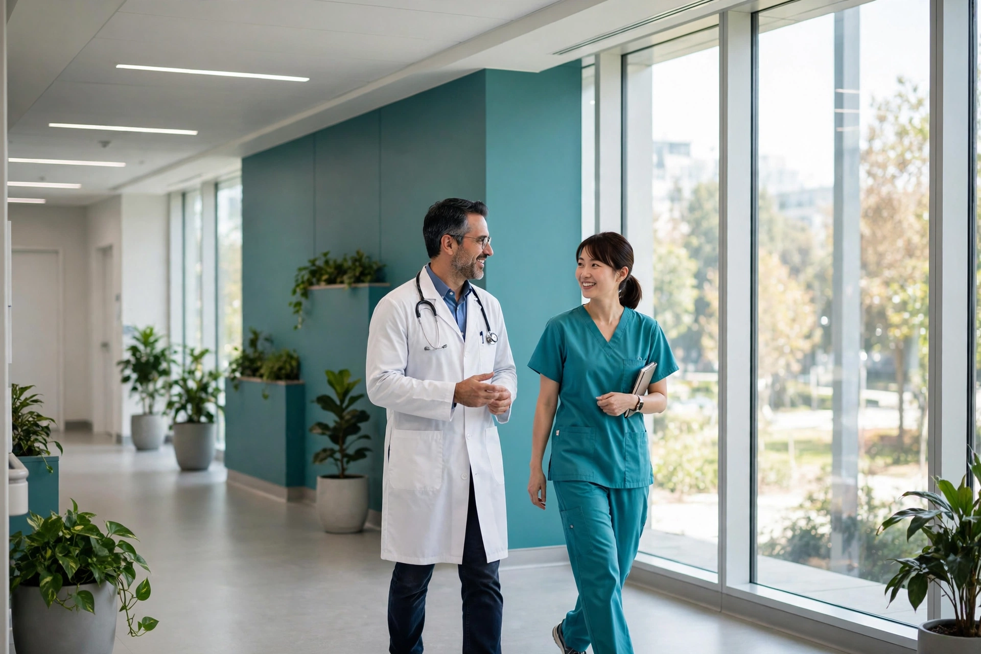Psychiatrist and nurse consulting together in a bright hospital corridor