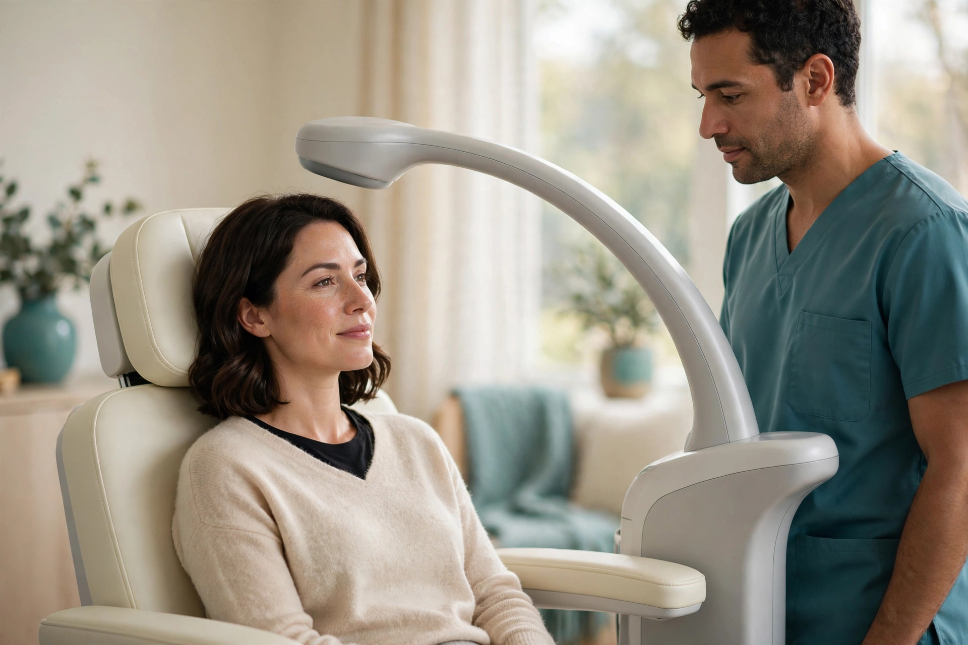 Paciente sentado en una silla de tratamiento de TMS con el médico al lado del dispositivo