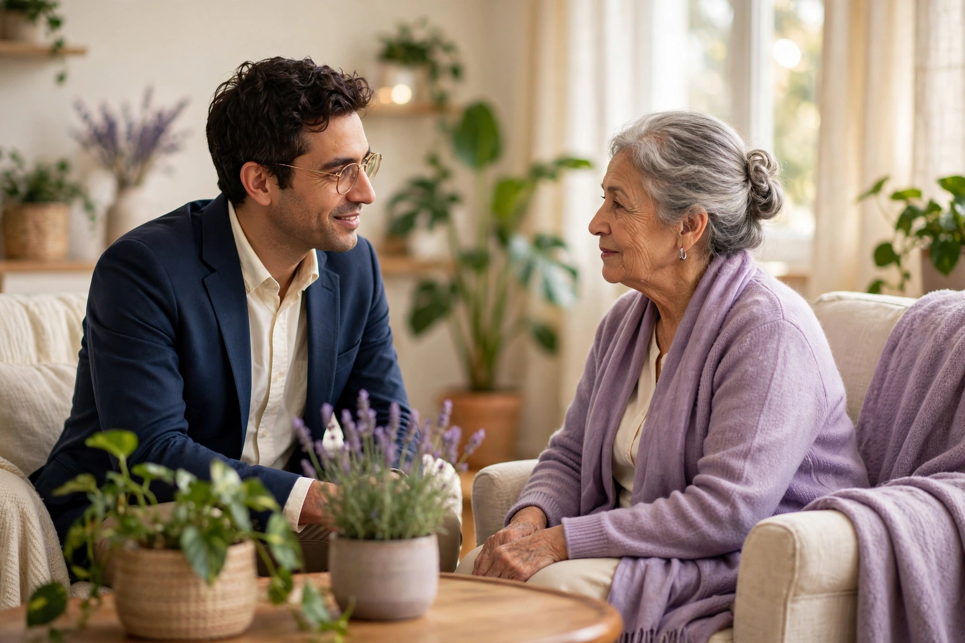 Psychiatrist talking with an older patient in a bright Health Haven office