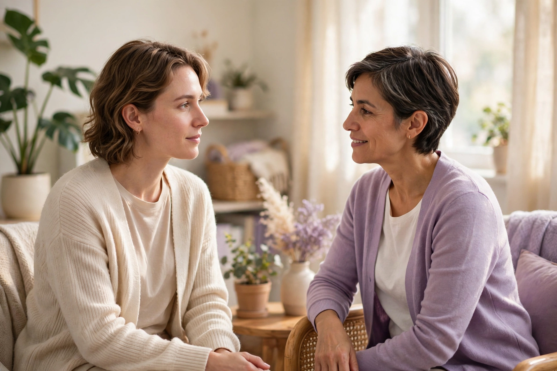 Patient in calm conversation with a therapist in a bright office