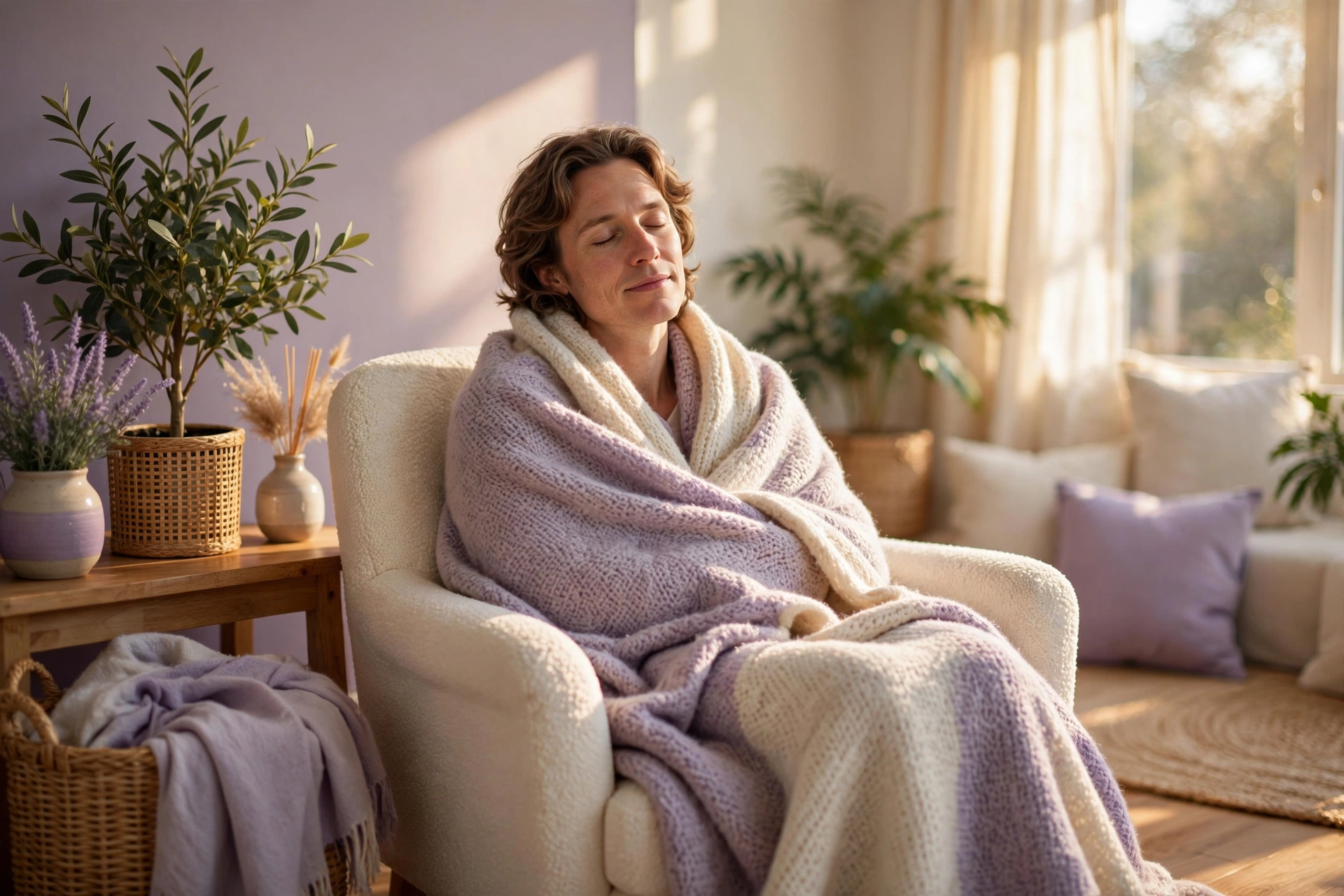 Person wrapped in a blanket in a safe bright therapy room